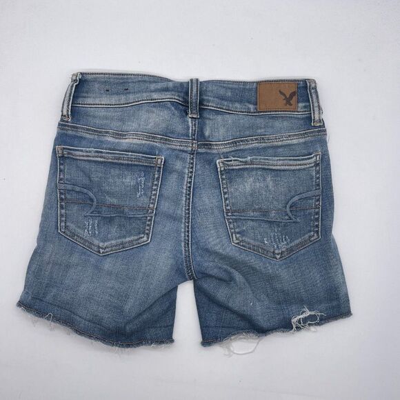 AEO American Eagle Size 0 Midi Jean Shorts Frayed Ripped - Picture 2 of 4